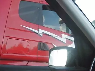 Artie gets a thumbs up flashing her pussy at trucker