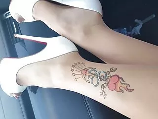 My pantyhosed leg ankle tattoo& high heels voyeur upskiry